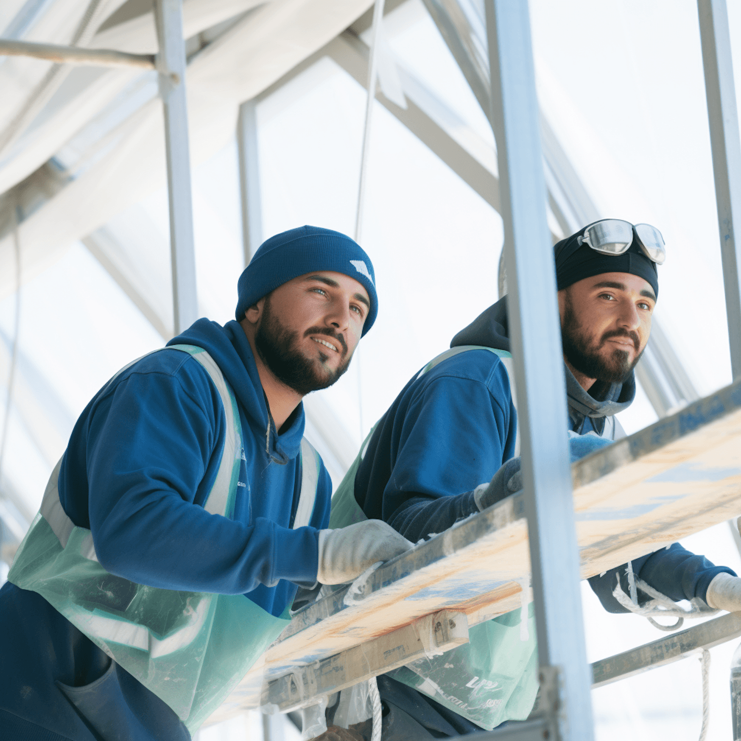 Two roofers in safety vests working from scaffolding on a bright day