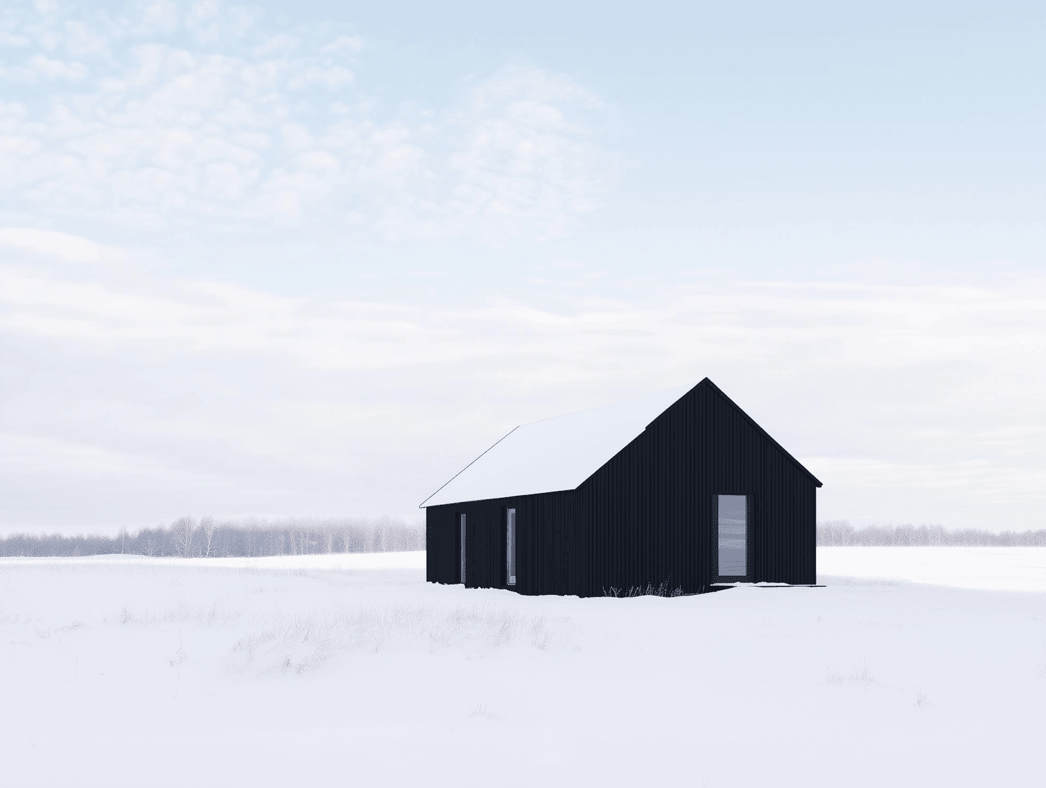 Modern black farmhouse with a snow-covered standing seam metal roof in a winter field