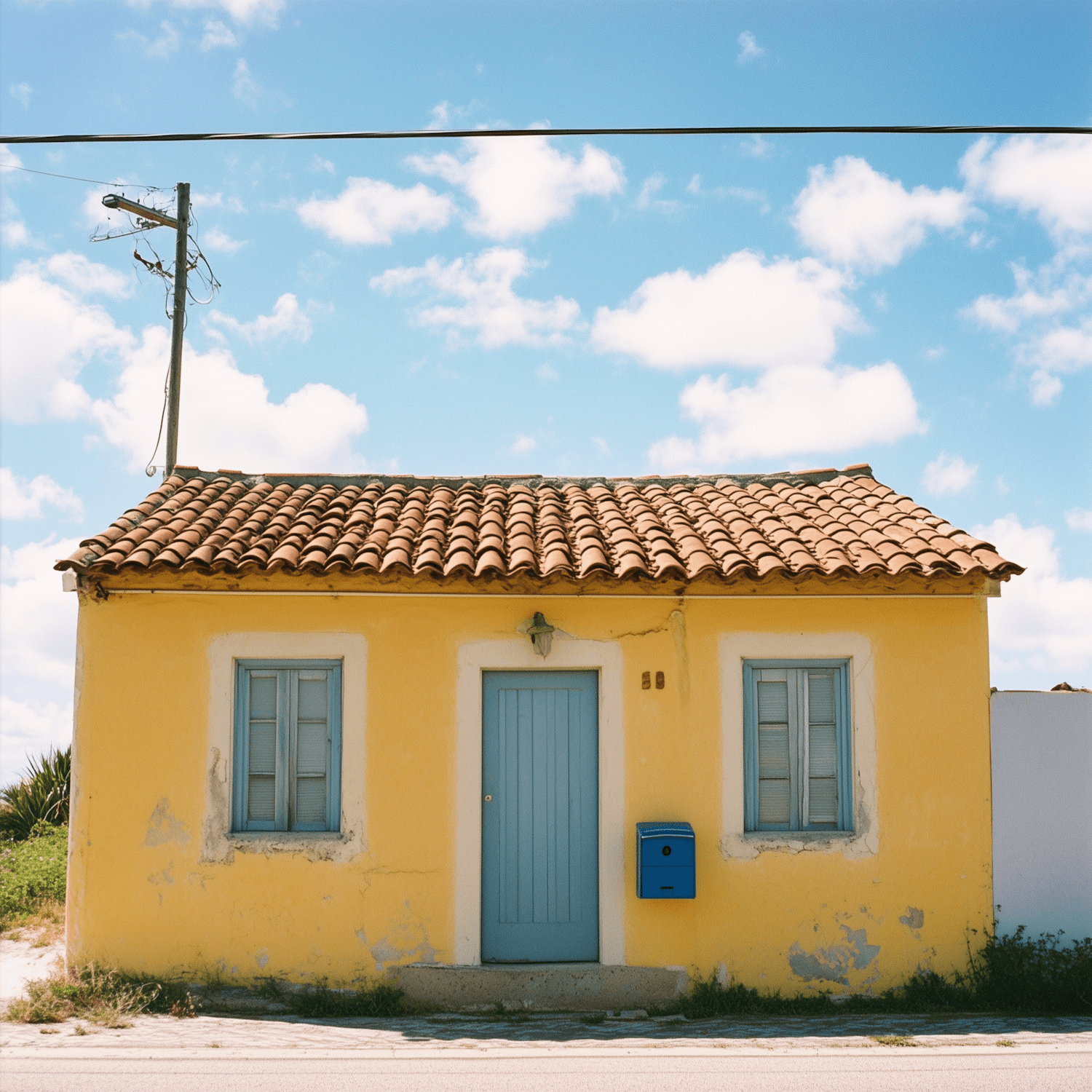 Small house with a clay tile roof under a blue sky