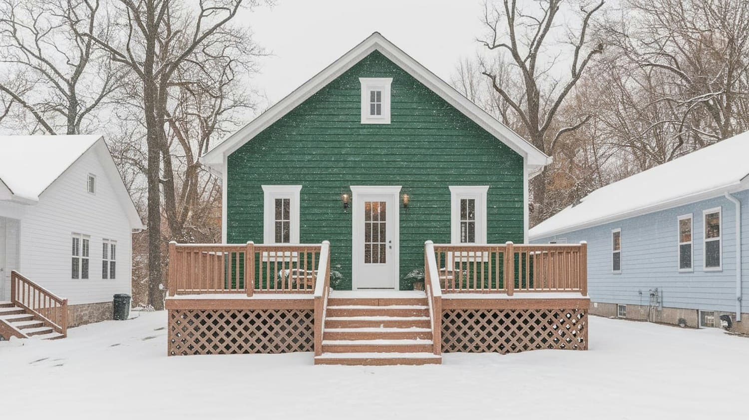 Green home with a steep gable roof in a snowy neighborhood